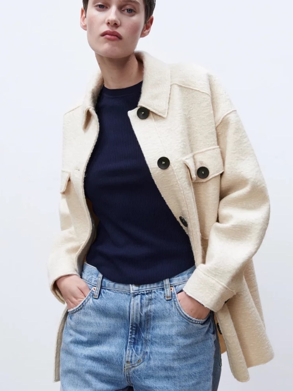 Zara | oatmeal shacket cream/brown button front oversized